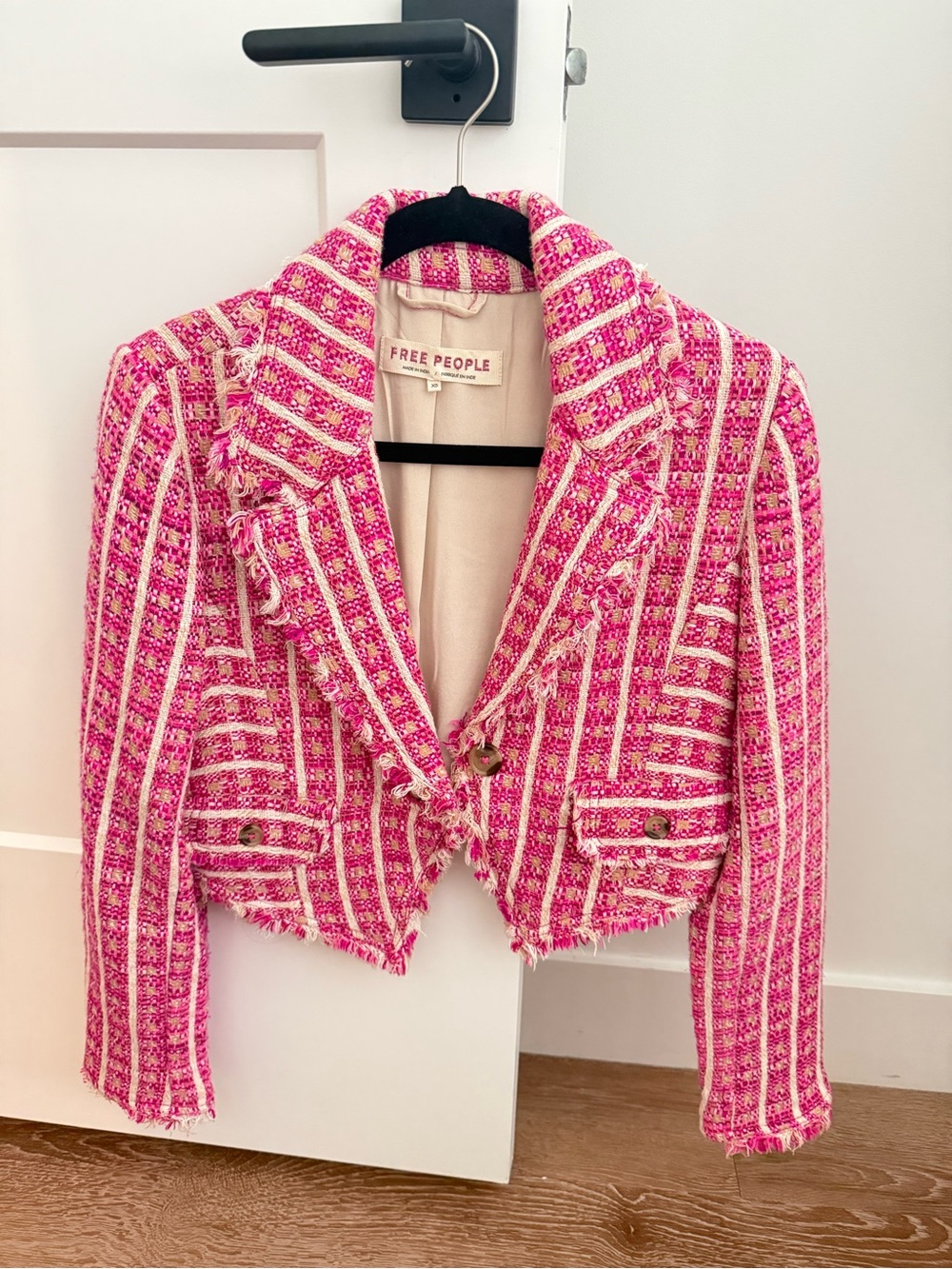 Free People Hot Pink & White Tweed Cropped Blazer